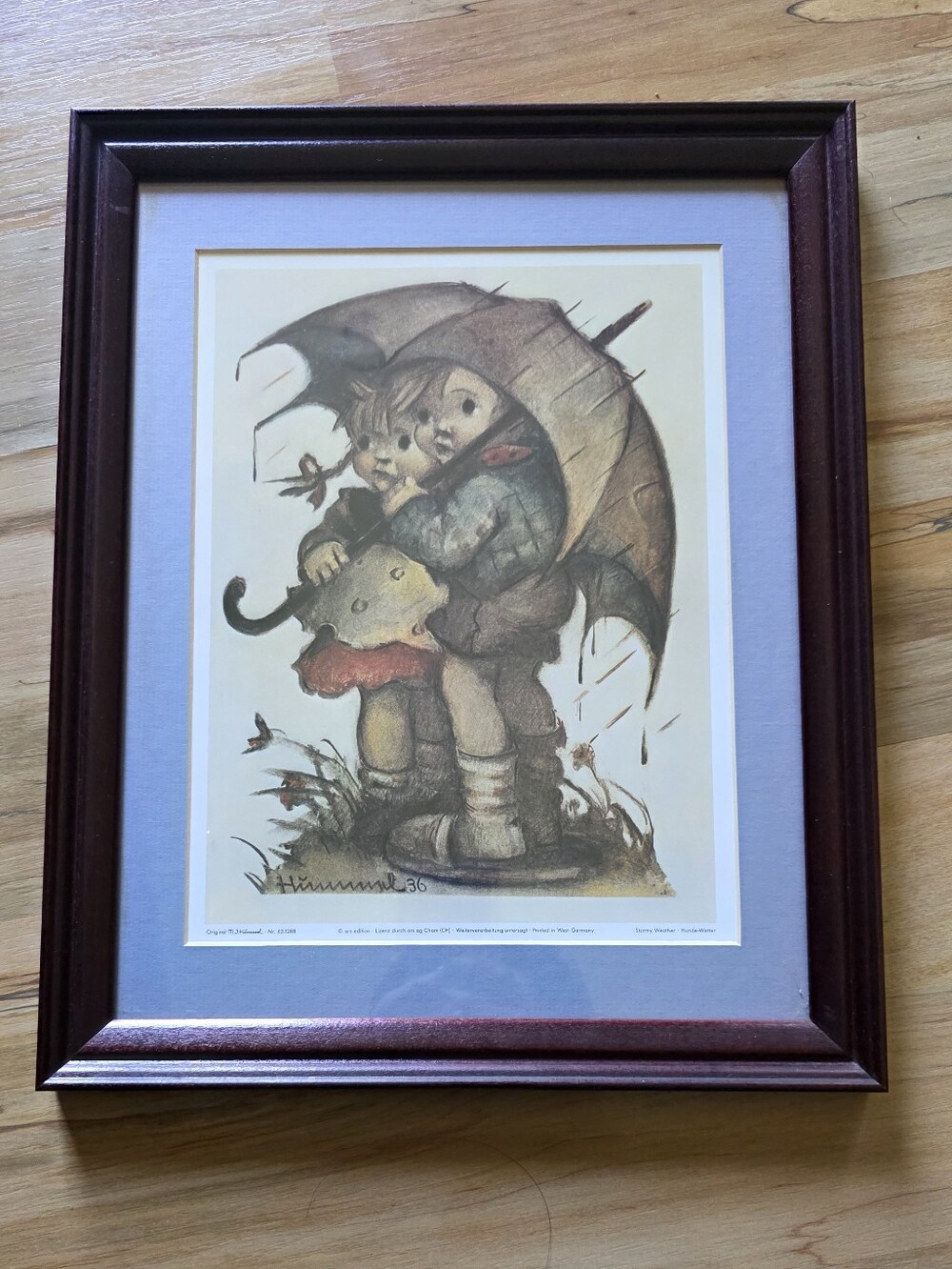 Framed Vintage-Style Hummel Print in Brown Frame with Blue Mat